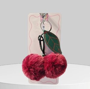 Studio Cherry Pom Pom BagnCharm Keychain - Red and Green 6 Inches New With Tags